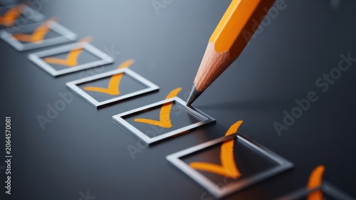 Pencil marking a checklist on a dark surface