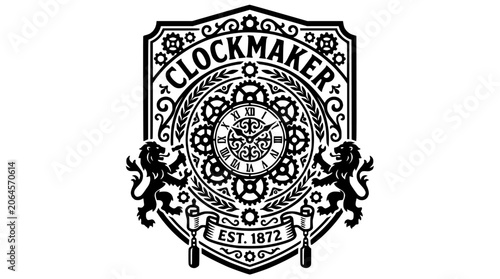 Antique clockmaker crest with heraldic lions.