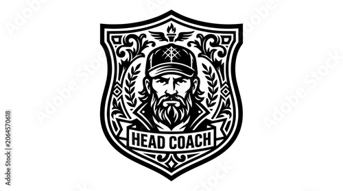 Head Coach emblem with bearded man and shield.