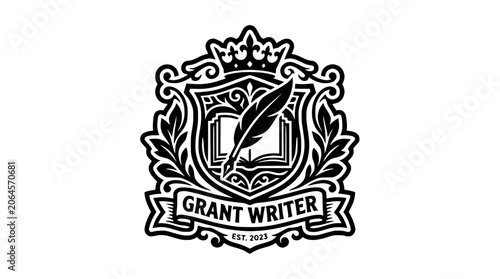 Grant Writer crest with quill and book.