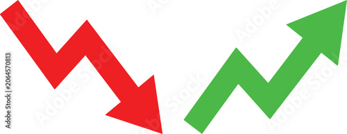 Red down arrow and green up arrow showing financial trends for business growth and market decline