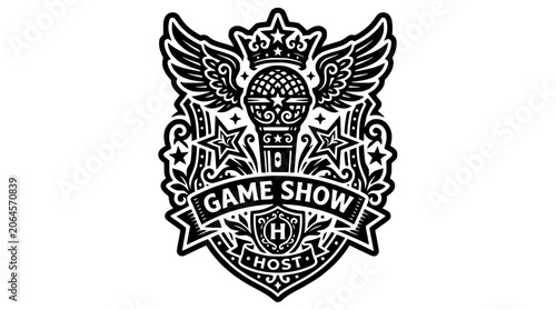 Game Show Host Emblem with Microphone and Wings
