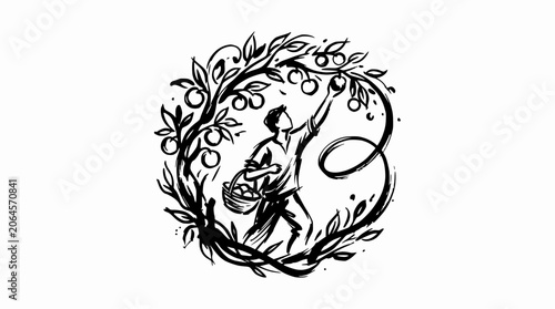Circular illustration of worker harvesting fruit from tree.