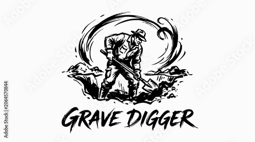 Hand-drawn grave digger manual labor sketch.