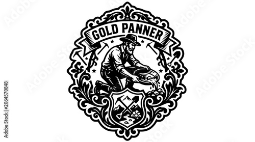 Gold panner crest with pickaxe and mountains.