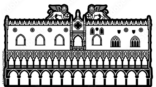 Schilderij op canvas Black and white architectural sketch of Doge's Palace façade.