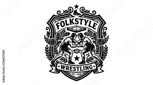 Folkstyle wrestling championship ornate vintage crest.