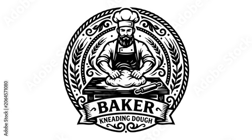 Vintage circular baker emblem kneading dough illustration.