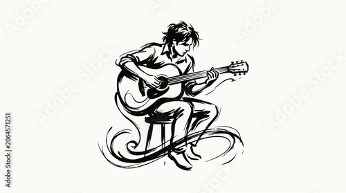 Schilderij op canvas Acoustic guitar player woodcut style sketch graphic.