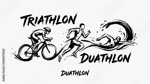 Triathlon and duathlon sketch with sports silhouettes.