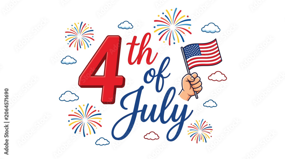 Obraz premium A hand holding an American flag with festive fireworks and clouds celebrates the Fourth of July holiday in a colorful graphic illustration.
