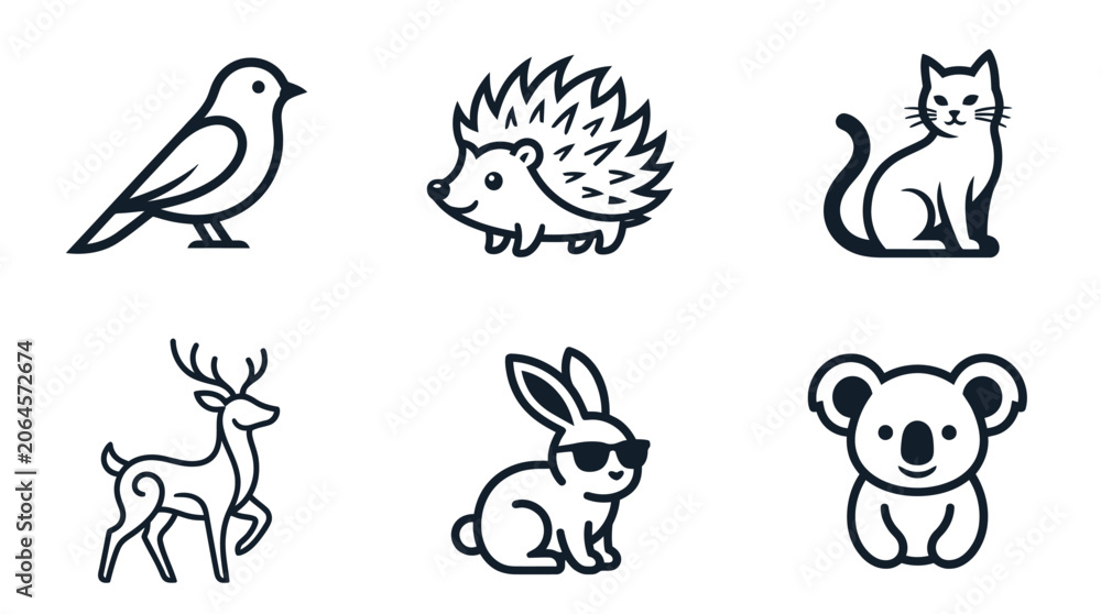 Obraz premium Animals displayed in simple line art style are arranged in a grid to show a variety of cute creatures for modern web design projects.