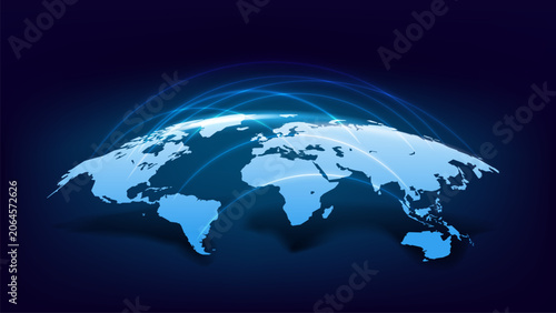 World communication scheme with shining routes. Vector 3d illustration
