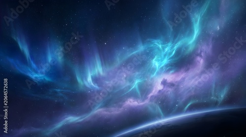 Vibrant Aurora, Glowing Space, Purple Blue Swirling Lights, Cosmic Background