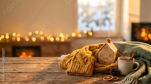 Cozy winter home decor with warm lights and miniature house on knitted blanket, hygge lifestyle concept