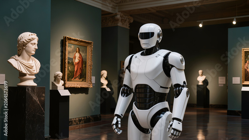 Robot security guard patrolling art museum gallery. Ai surveillance for cultural heritage. Smart protection system. Future museum security concept.
