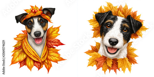 Two dogs with leaf decorations showing happy expressions