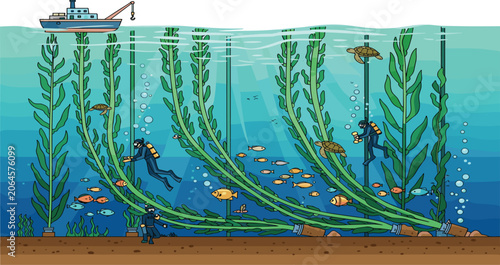 Fotografía Scuba Divers Harvesting Seaweed in Underwater Kelp Farm with Fish and Sea Turtle