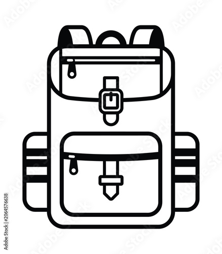 School backpack line art icons collection, rucksack with pockets and straps vector illustration set isolated