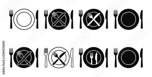 Restaurant cutlery icon set vector illustration with plate fork and knife silhouette line art
