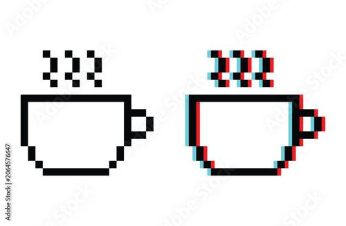 Hot coffee tea cup 8 bit vector icon for computer game, logo