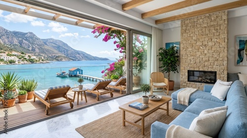 Mediterranean living room with panoramic sea terrace view.