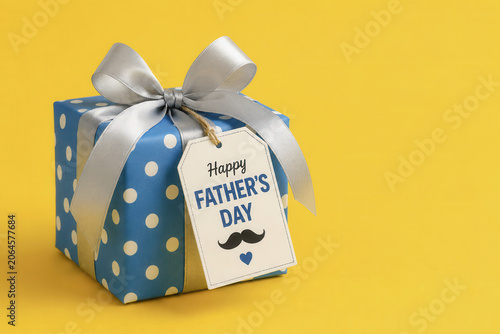 A blue gift box with white polka dots and a silver ribbon is placed on a bright yellow surface. A tag reads Happy Father's Day with a mustache graphic.