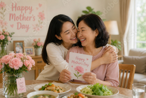 A woman and her mother share a joyful moment on Mother's Day. They sit at a table full of food, smiling and holding a card that says Happy Mother's Day. Flowers are arranged nearby.
