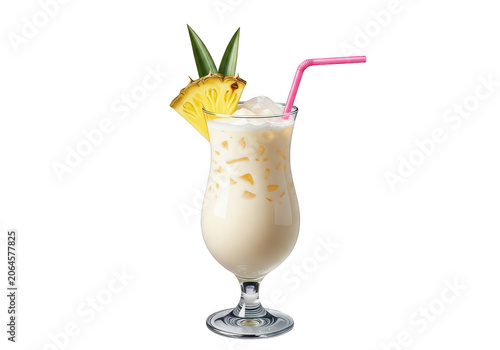 Tropical pineapple drink with pink straw in a glass