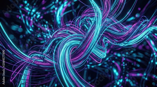 Abstract swirling neon fiber optic lines in motion.