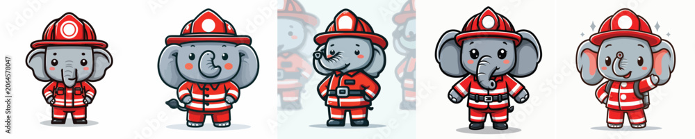 Fototapeta premium set of cute elephant vectors wearing firefighter costumes