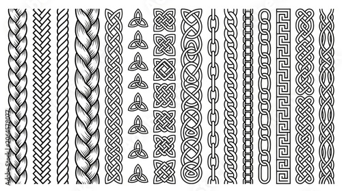 Set of black and white Celtic knot border patterns.