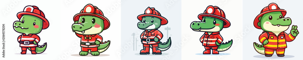 Obraz premium set of cute crocodile vectors wearing firefighter costumes