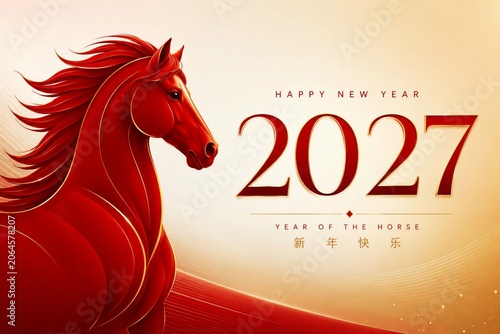 Happy New Year 2027 Year of the Horse Red and Gold Luxury Chinese Zodiac Celebration Design