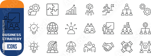 Business strategy teamwork management icons. lightbulb icon set, puzzle icon set, chart icon set