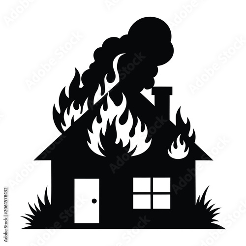 House on fire with smoke silhouette vector illustration