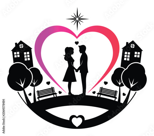 Romantic Couple Silhouette in Heart Shape Love Scene Vector Illustration