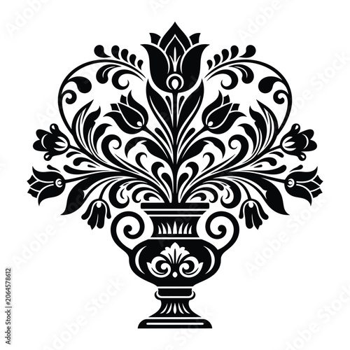 Ornate Floral Vase Silhouette with Decorative Botanical Pattern Vector Illustration