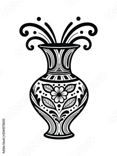Ornamental Floral Vase Silhouette Black and White Folk Art Vector Illustration