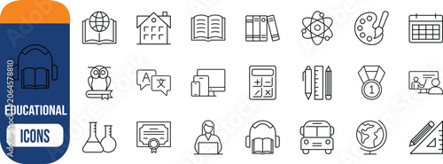 Education and learning outline vector icons. book icon set, calculator icon set, globe icon set