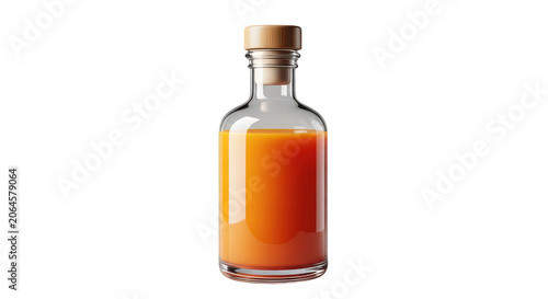 Glass bottle with orange liquid and cork stopper on a plain background