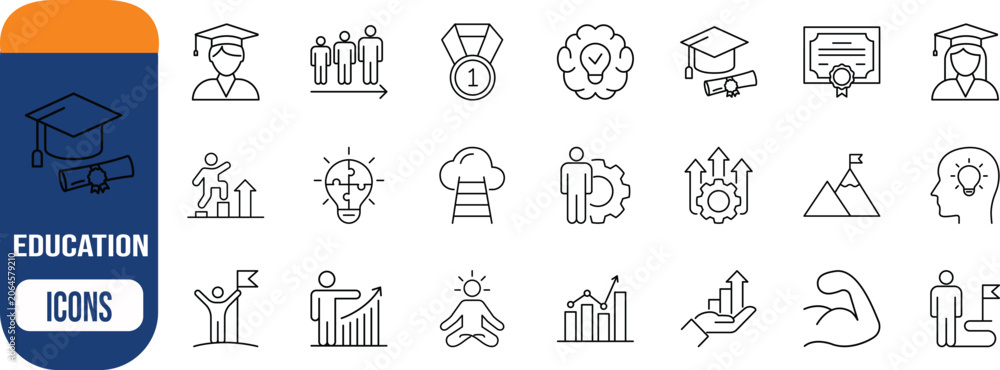 Fototapeta premium Personal growth education and business success. graduate icon set, medal icon set, lightbulb icon set