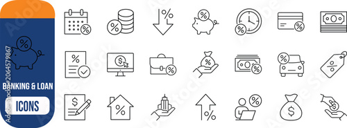 Financial banking loan interest icons. money icon set, house icon set, car icon set