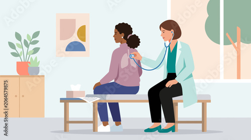 Фотография Female doctor using stethoscope to examine patient's back and lungs