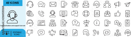 Communication and Support Outline Icons Set - Customer Service, Contact, Chat, Help Desk, Vector Line Icon Bundle