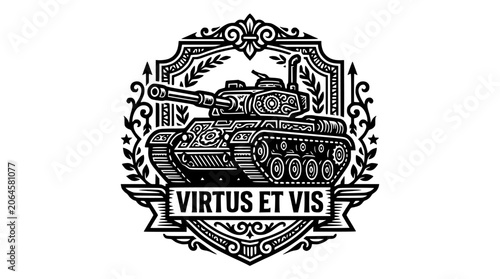 Tableau sur toile Heraldic military tank crest with Latin motto.