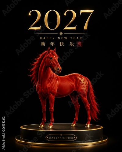 2027 Happy New Year – Year of the Horse Luxury Red Horse and Golden Typography on Black Background