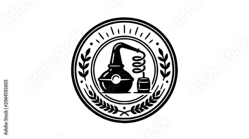 Bild auf Leinwand Circular emblem featuring moonshine pot still and grain.