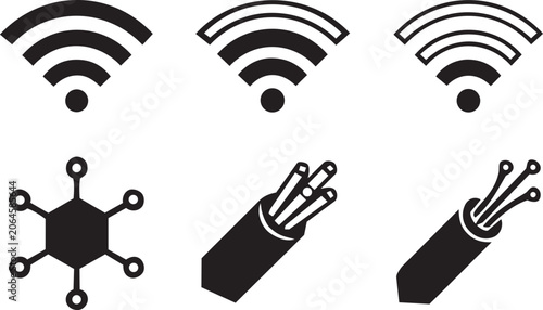 Foto Set of black network and communication technology icons on white background