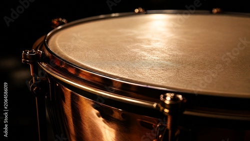 Extreme close-up of a polished copper kettledrum under a spotlight.